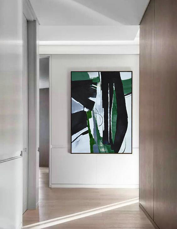 Hand Painted Large Vertical Contemporary Painting On Canvas,Abstract Painting On Canvas,Black,Dark Green,White